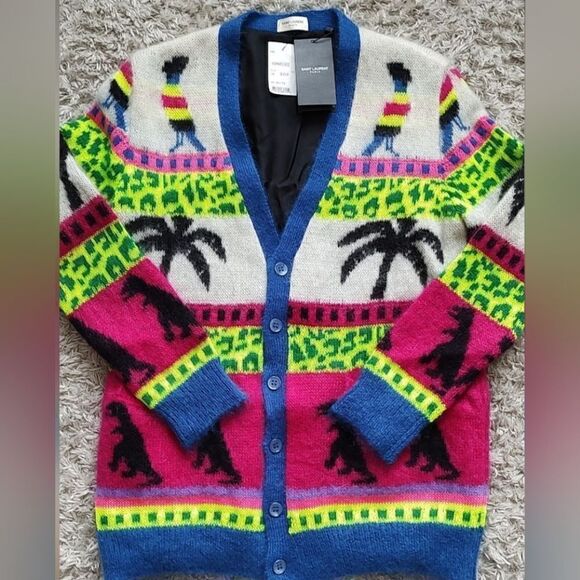 Saint Lauren Jacquard Mohair Dinosaur Cardigan in Multi Size XS - Picture 9 of 14